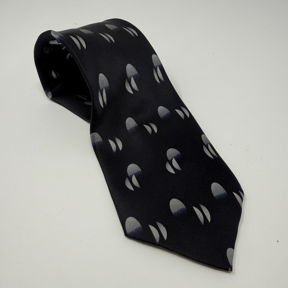 Roffe Accessories Mens Silk Necktie Black Grey Geometric Crescent Hand Made Tie